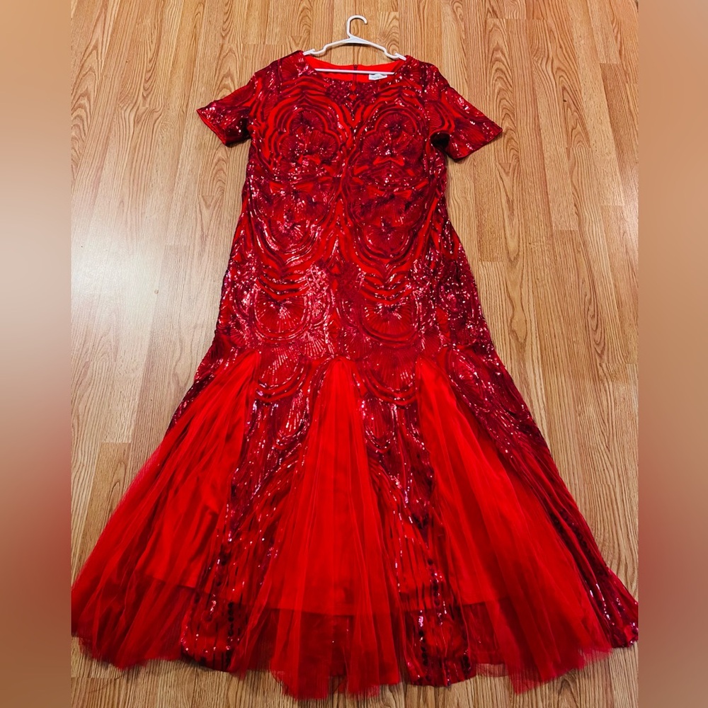 Red Sequence Dress With Sheer Bottom. - image 1
